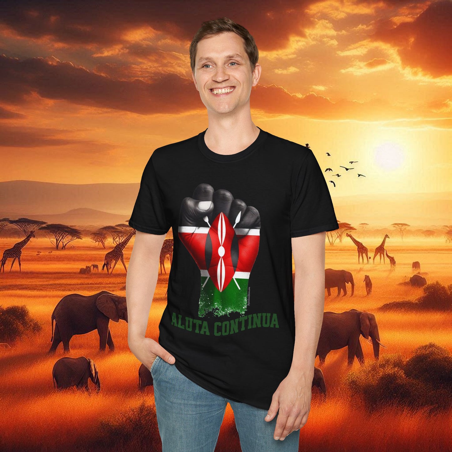 Kenyan Aluta Continua Unisex T-Shirt with Black Fist and Kenyan Flag