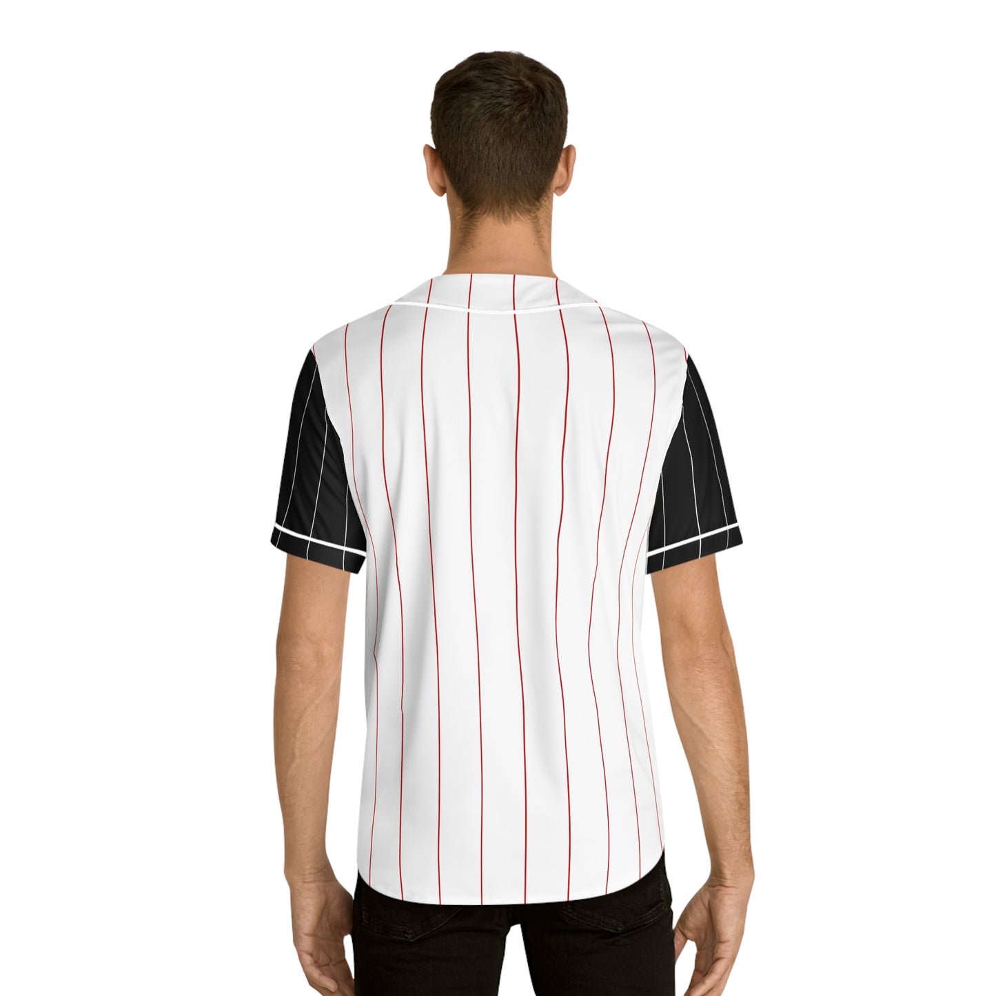 White Men's Baseball Jersey with Red Pinstripes and Black Sleeves with Red Paw Print and "254"