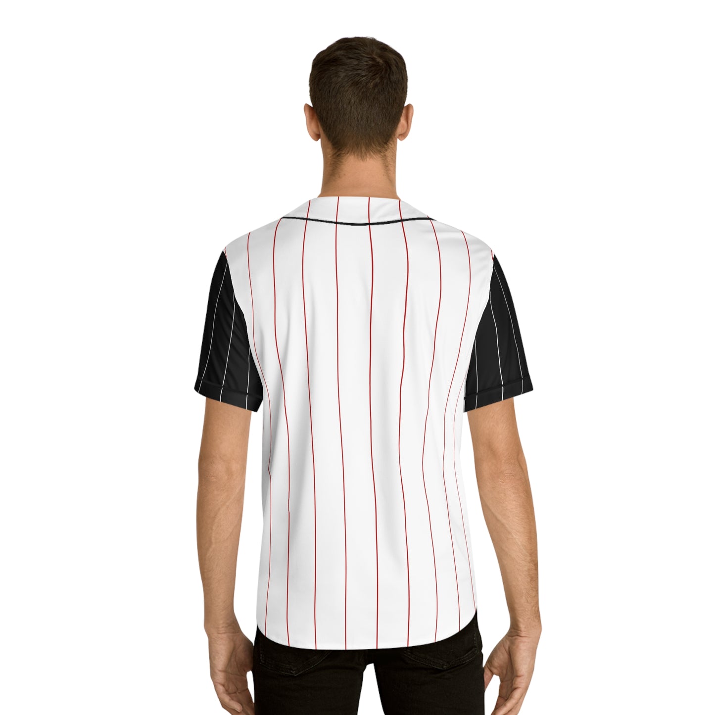 White Men's Baseball Jersey with Red Pinstripe and Blak Sleeves with Red Paw Print and "254" with the Nairobi Lion