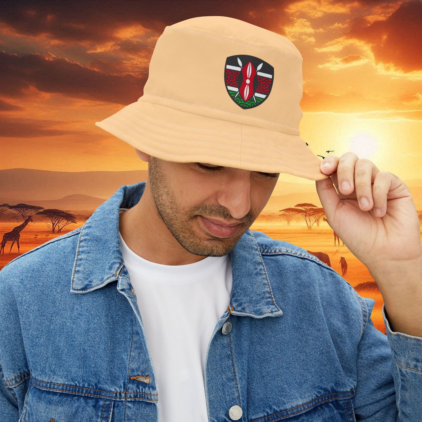 Bucket Hat - Khaki with Kenyan Shield Design