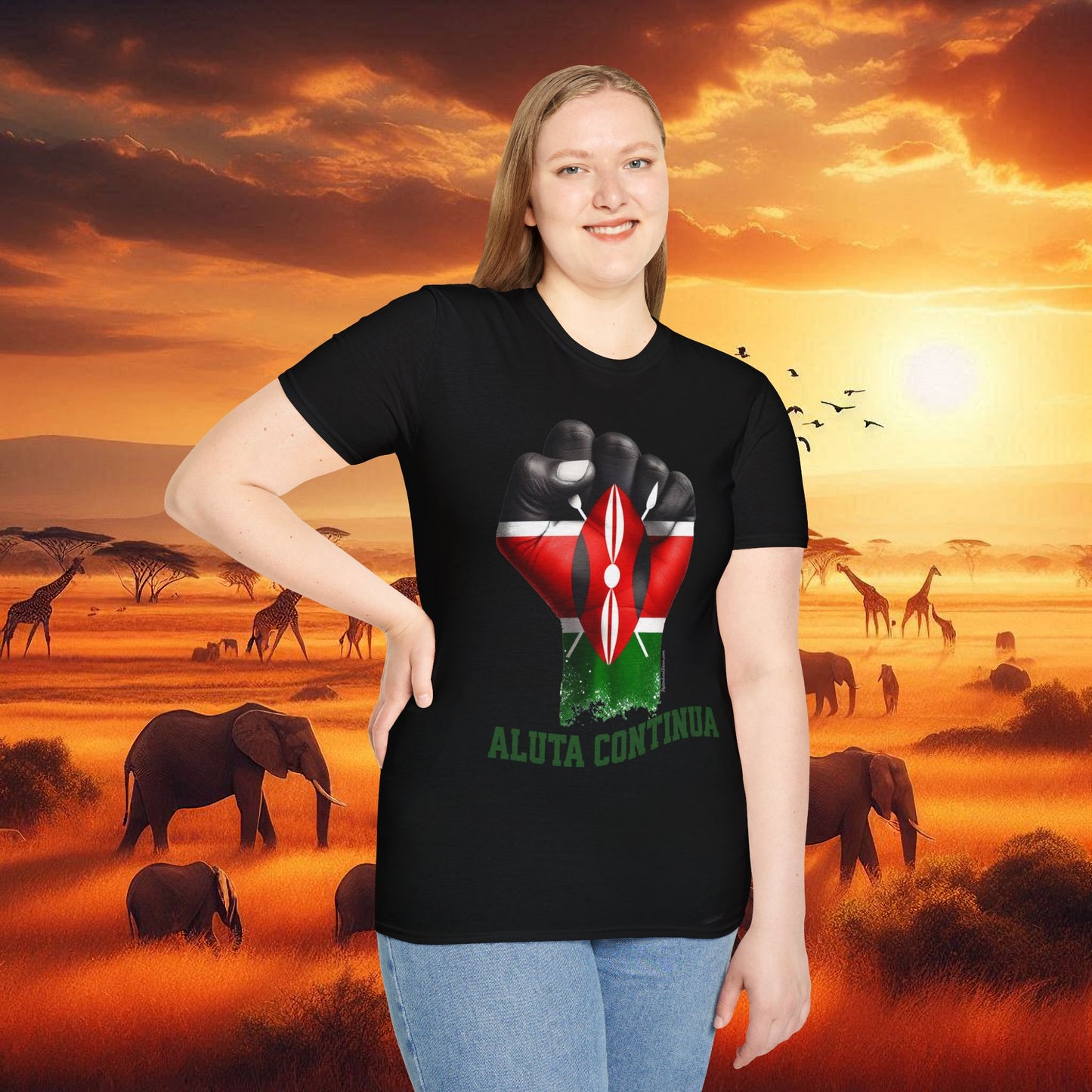 Kenyan Aluta Continua Unisex T-Shirt with Black Fist and Kenyan Flag
