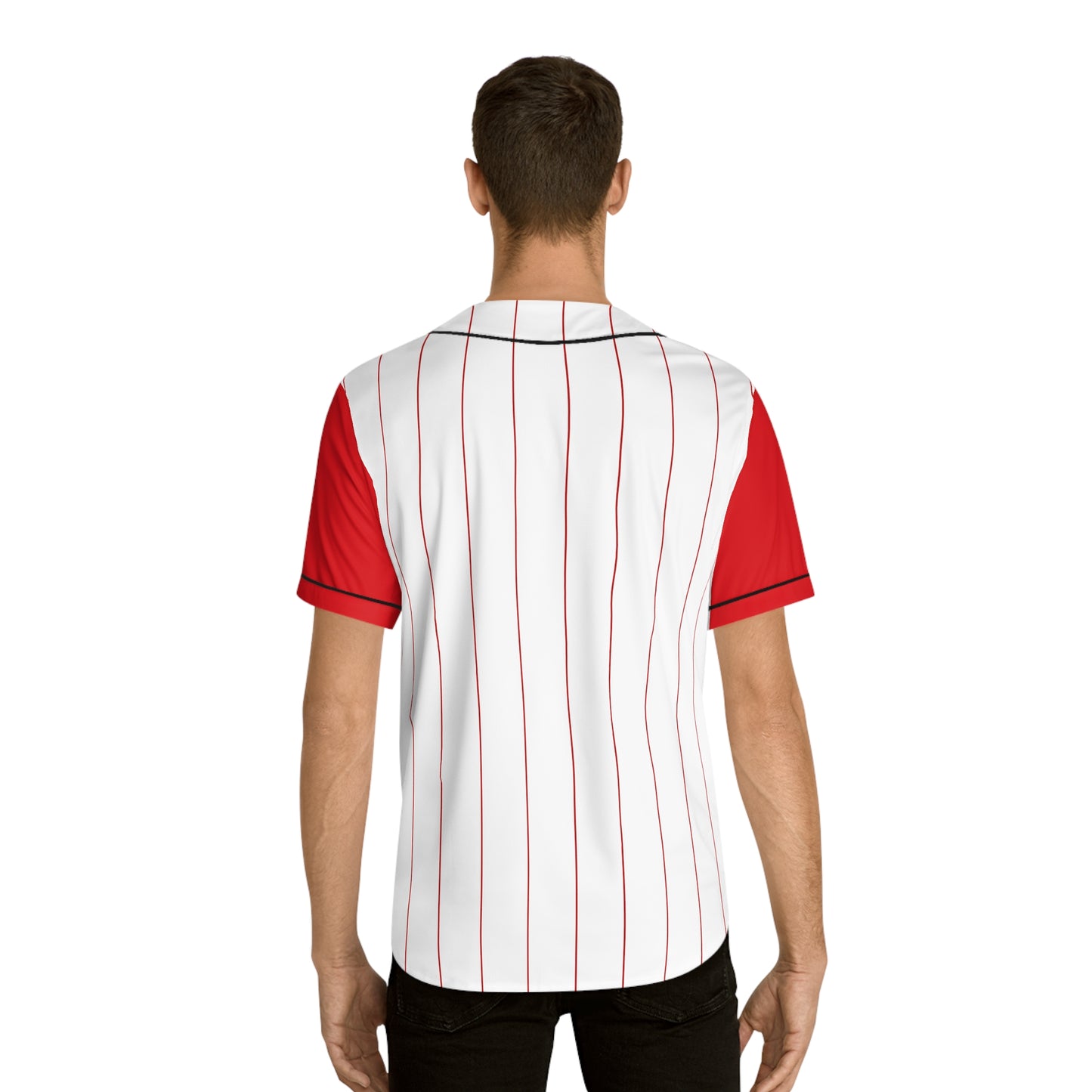 White Men's Baseball Jersey with Red Pinstripes and Red Sleeves with Playful Elephant Logo