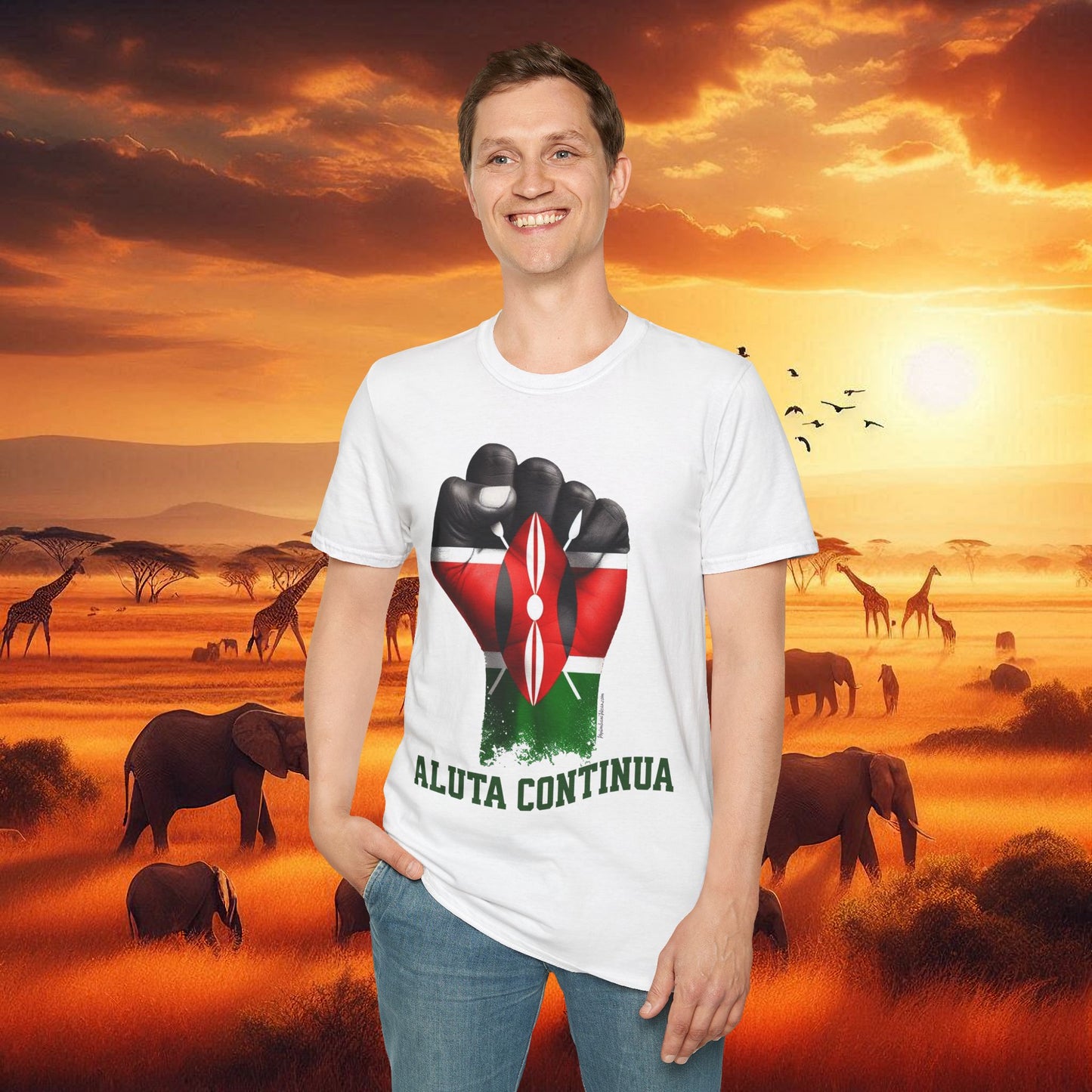 Kenyan Aluta Continua Unisex T-Shirt with Black Fist and Kenyan Flag
