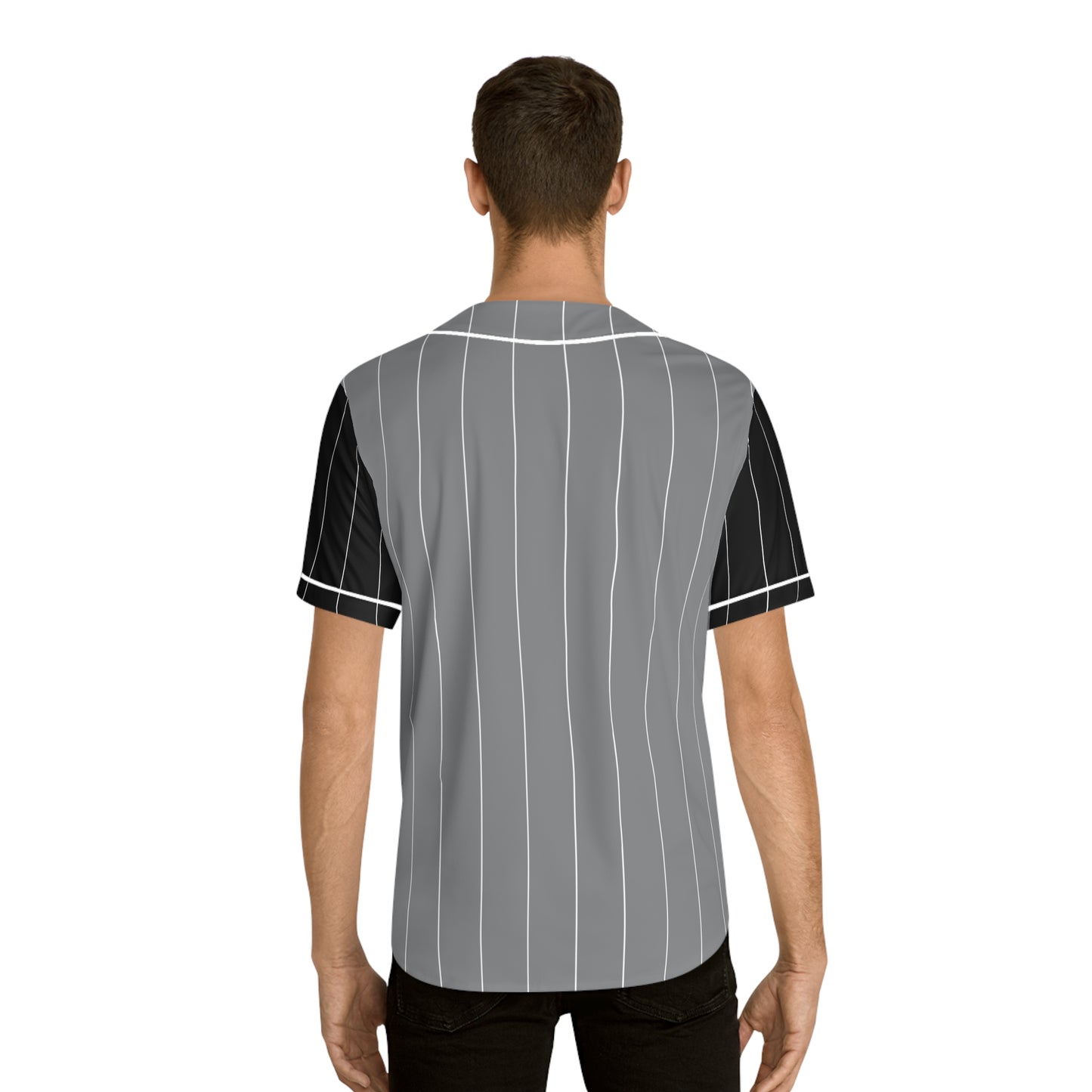 Gray Men's Baseball Jersey with White Pinstripe and Black Sleeve and White "K" Nairobi