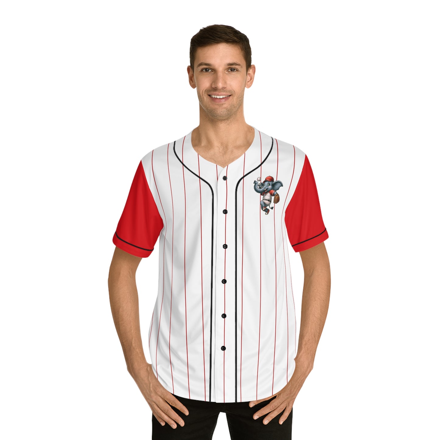 White Men's Baseball Jersey with Red Pinstripes and Red Sleeves with Playful Elephant Logo