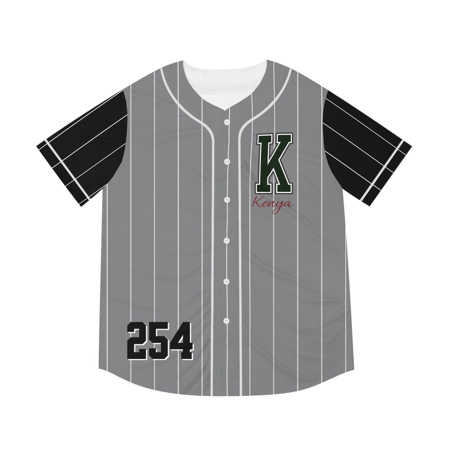 Gray Men's Baseball Jerseywith White Pinstripes and Blak Sleeves with Green "K" Kenya