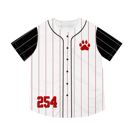White Men's Baseball Jersey with Red Pinstripes and Black Sleeves with Red Paw Print and "254"