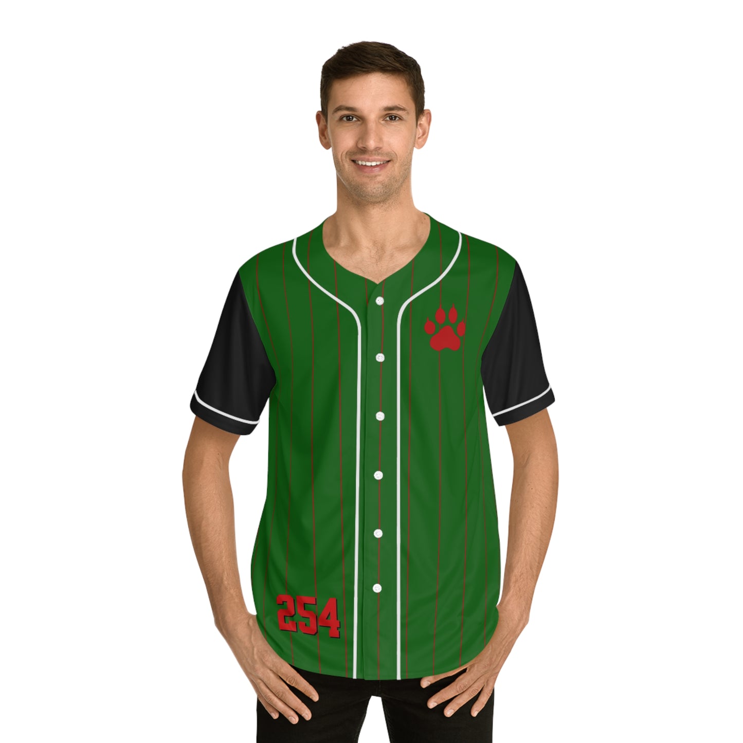 Green Men's Baseball Jersey with Black Pinstripes and Red Paw Print and "254" with White "K" Nairobi on the Back