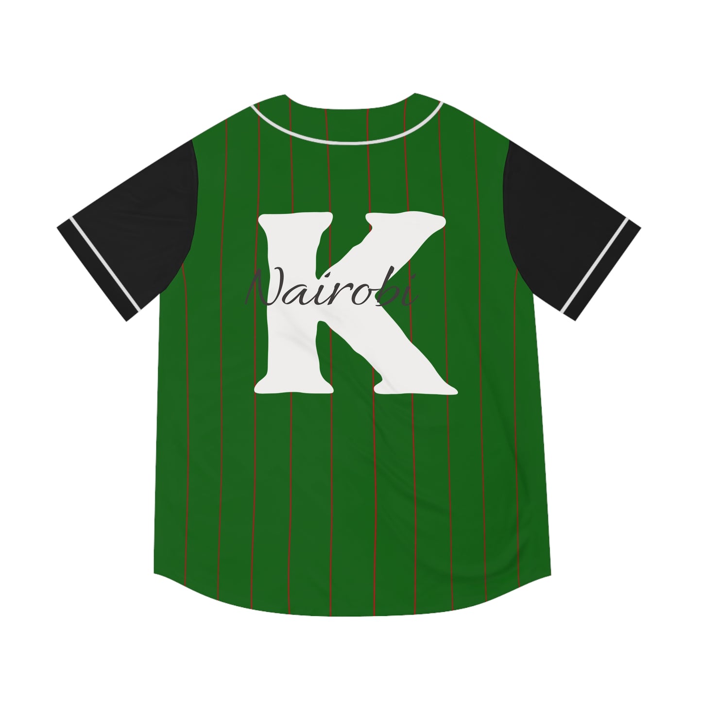Green Men's Baseball Jersey with Black Pinstripes and Red Paw Print and "254" with White "K" Nairobi on the Back