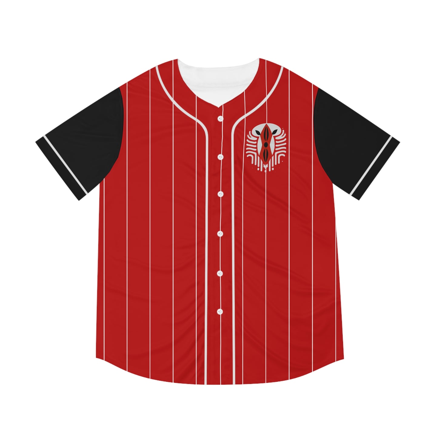 Red Baseball Jersey with White Pinstripe and Black Sleeves with Graphic Kenyan Shield