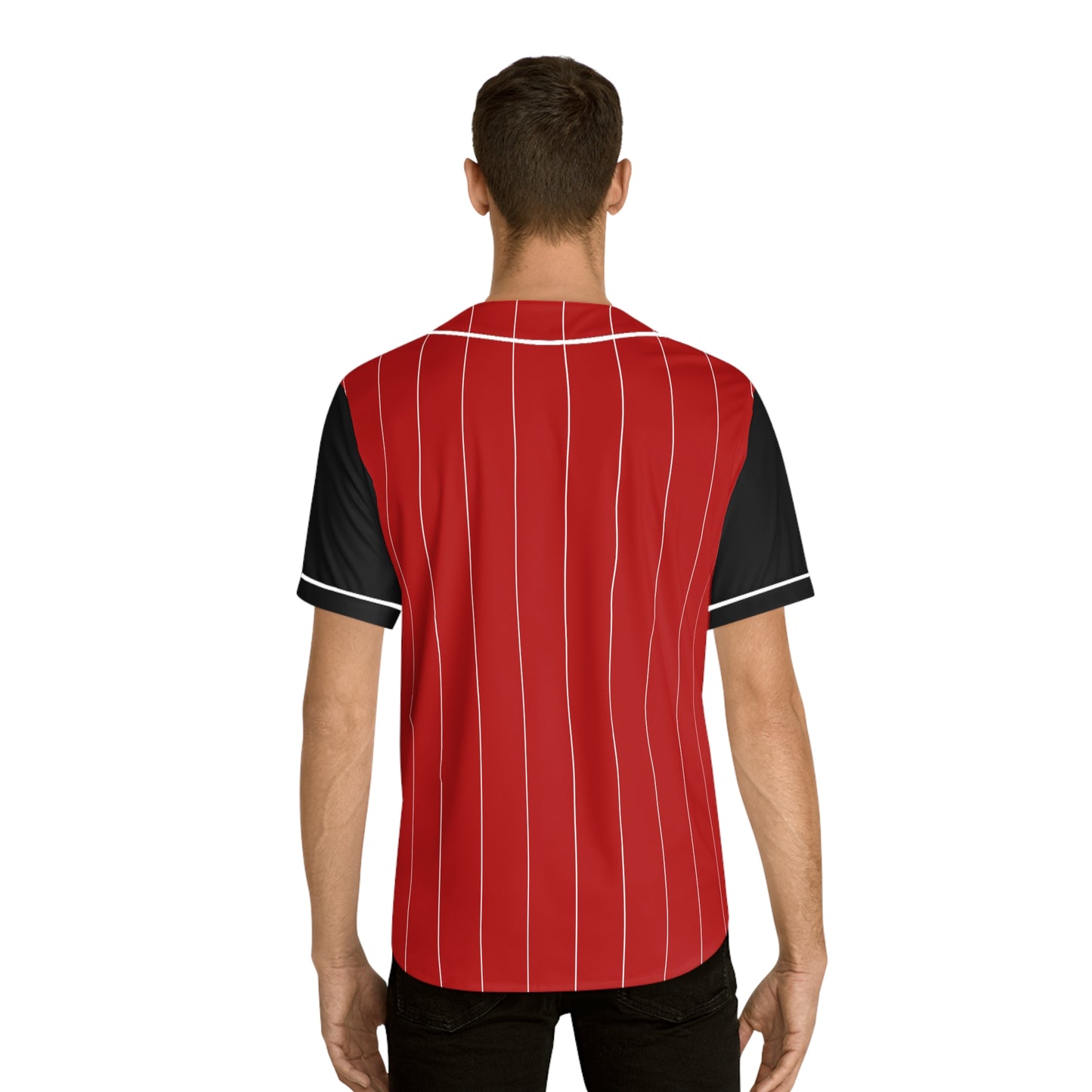 Red Baseball Jersey with White Pinstripe and Black Sleeves with Graphic Kenyan Shield