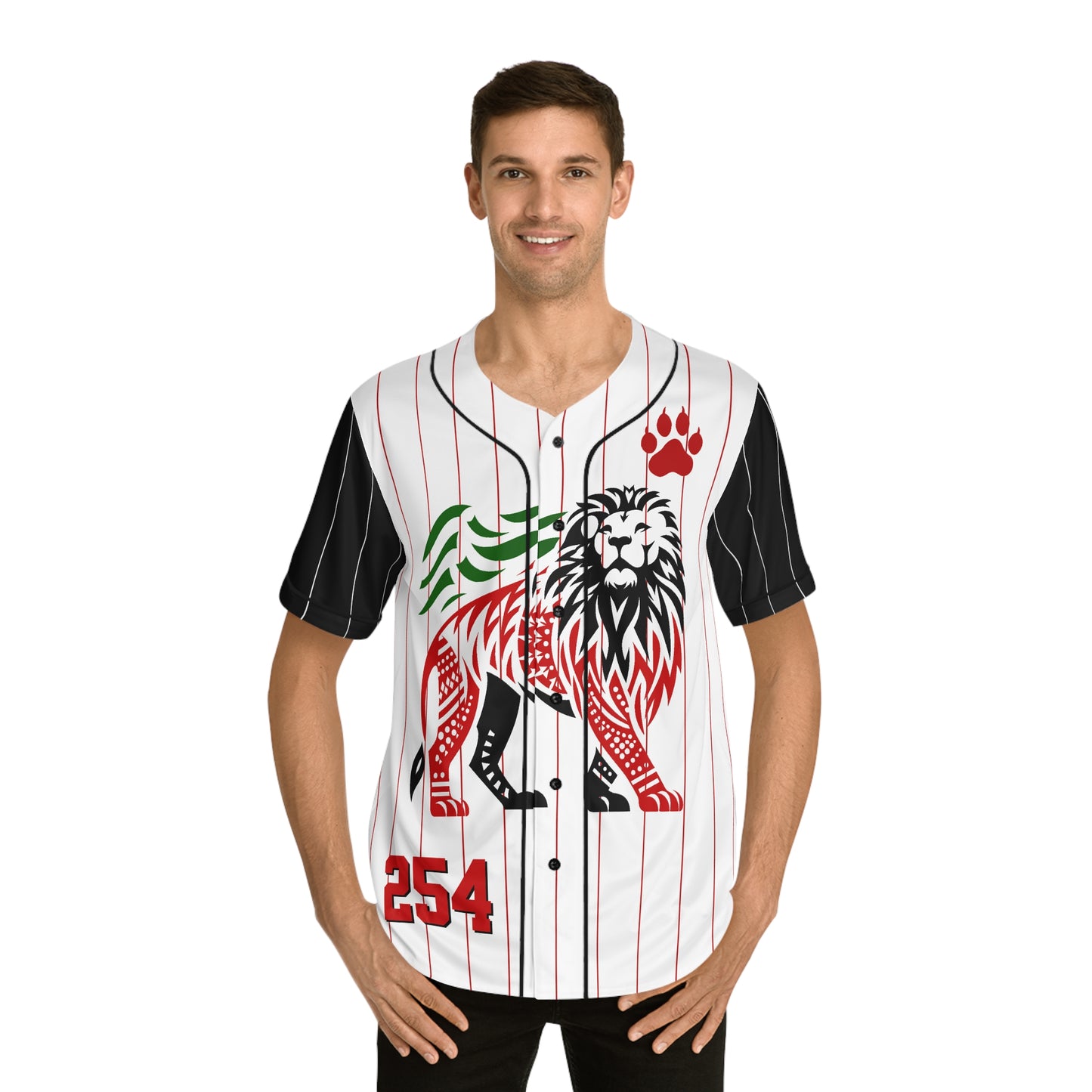 White Men's Baseball Jersey with Red Pinstripe and Blak Sleeves with Red Paw Print and "254" with the Nairobi Lion