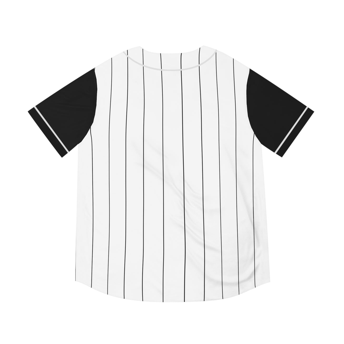White Men's Baseball Jersey with Black Pinstripes and sleeves with Playful Elephant Logo