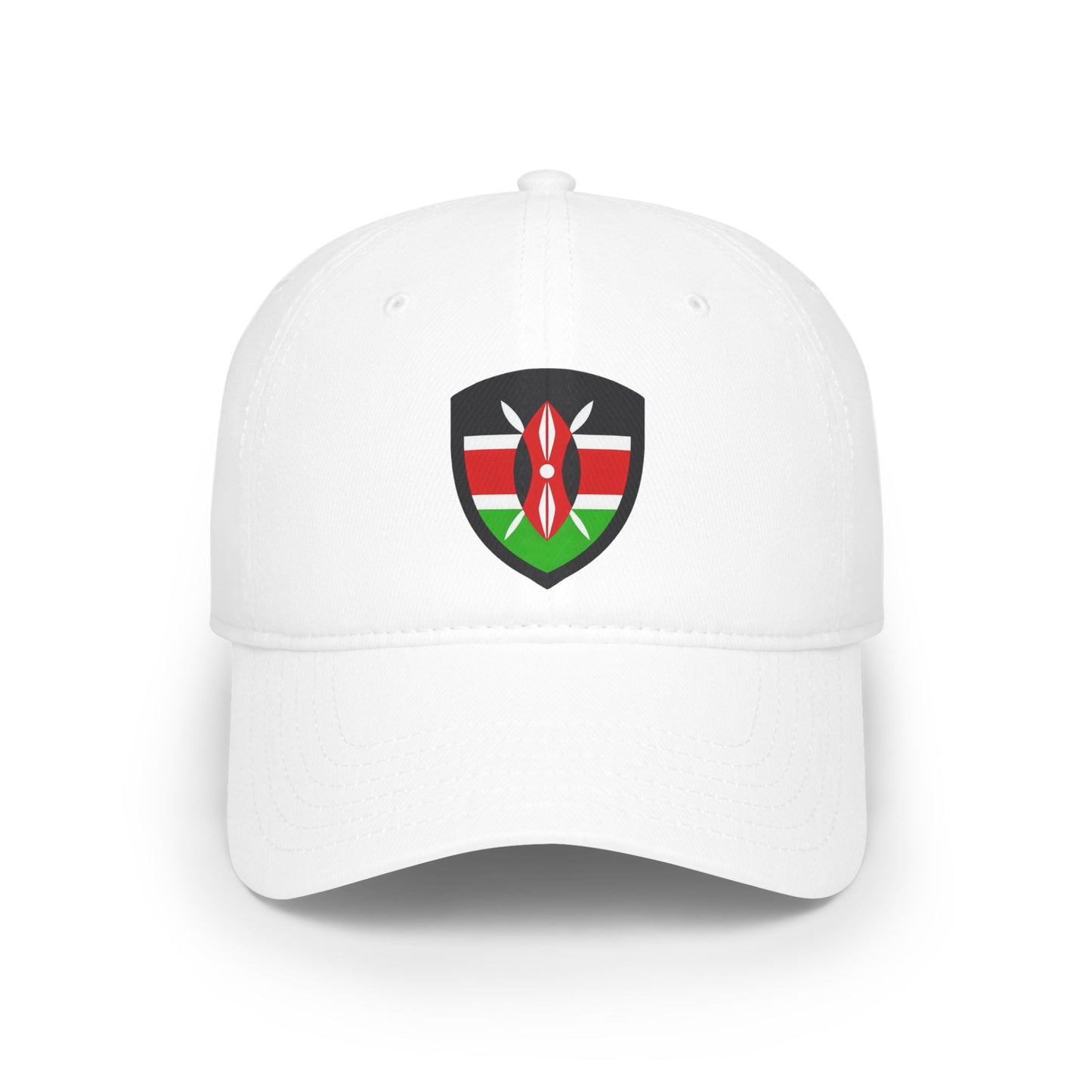 Kenyan Shield White Baseball Cap — Low Profile Hat with Kenya Shield Design