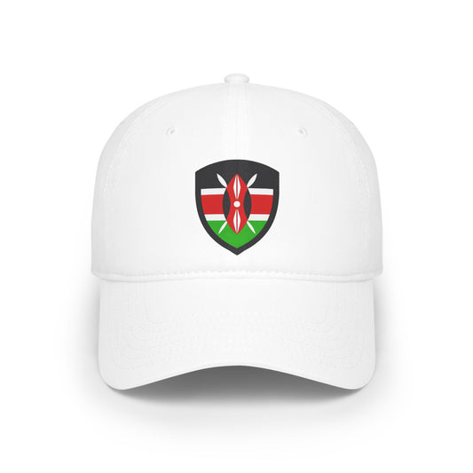 Kenyan Shield White Baseball Cap — Low Profile Hat with Kenya Shield Design