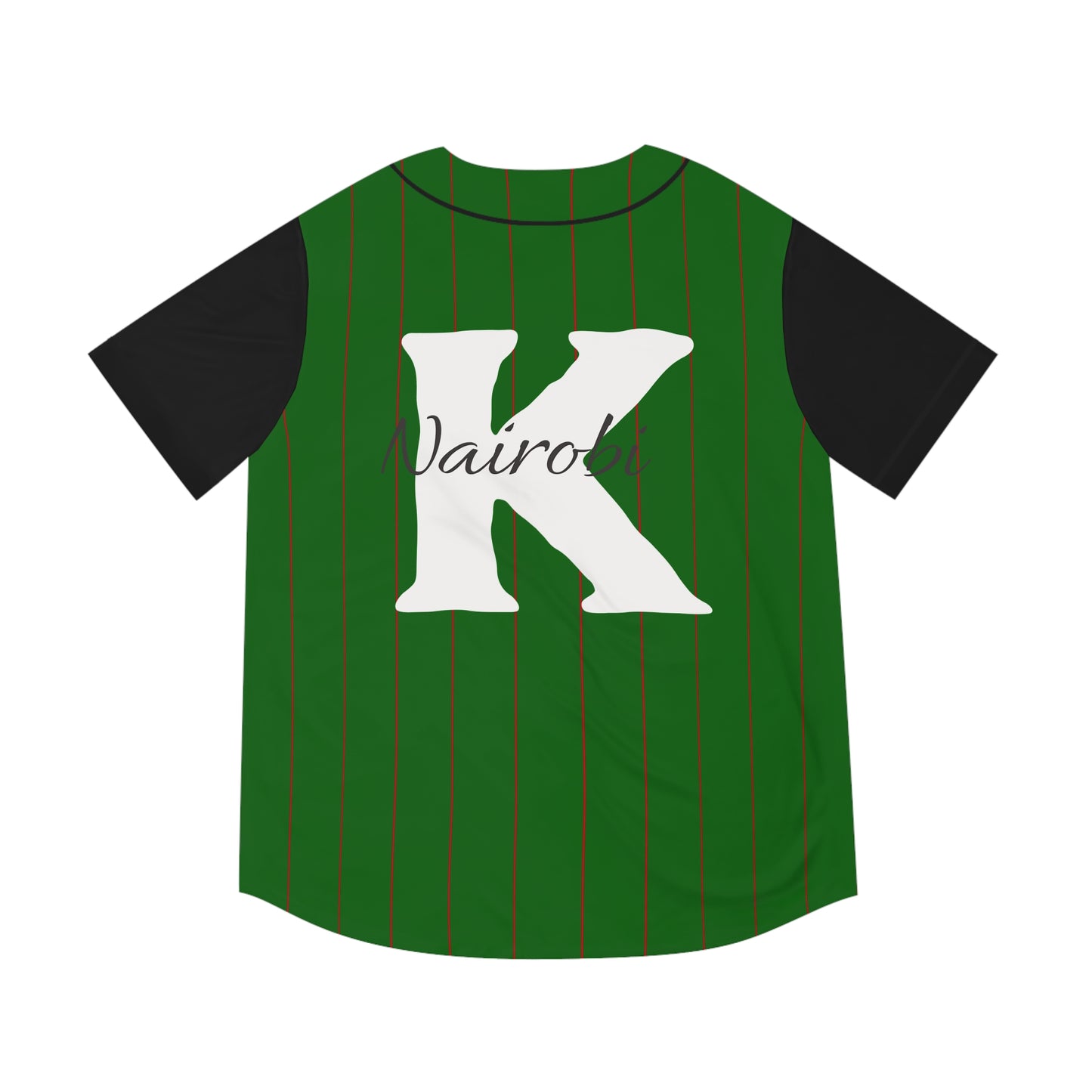 Green Men's Baseball Jersey with Black Pinstripes and Red Paw Print and "254" with White "K" Nairobi on the Back