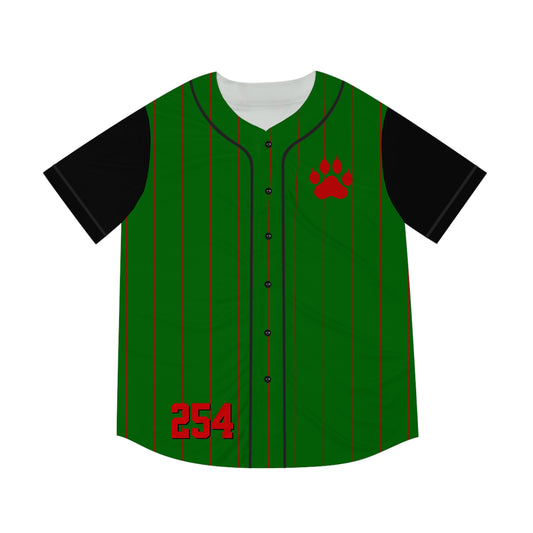 Green Men's Baseball Jersey with Black Pinstripes and Red Paw Print and "254" with White "K" Nairobi on the Back