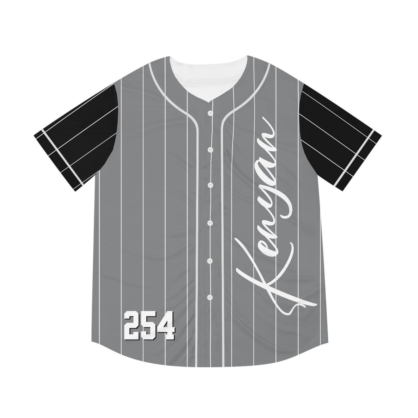 Gray Men's Baseball Jersey with White Pinstripes and Black Sleeves with "Kenyan" and "254"