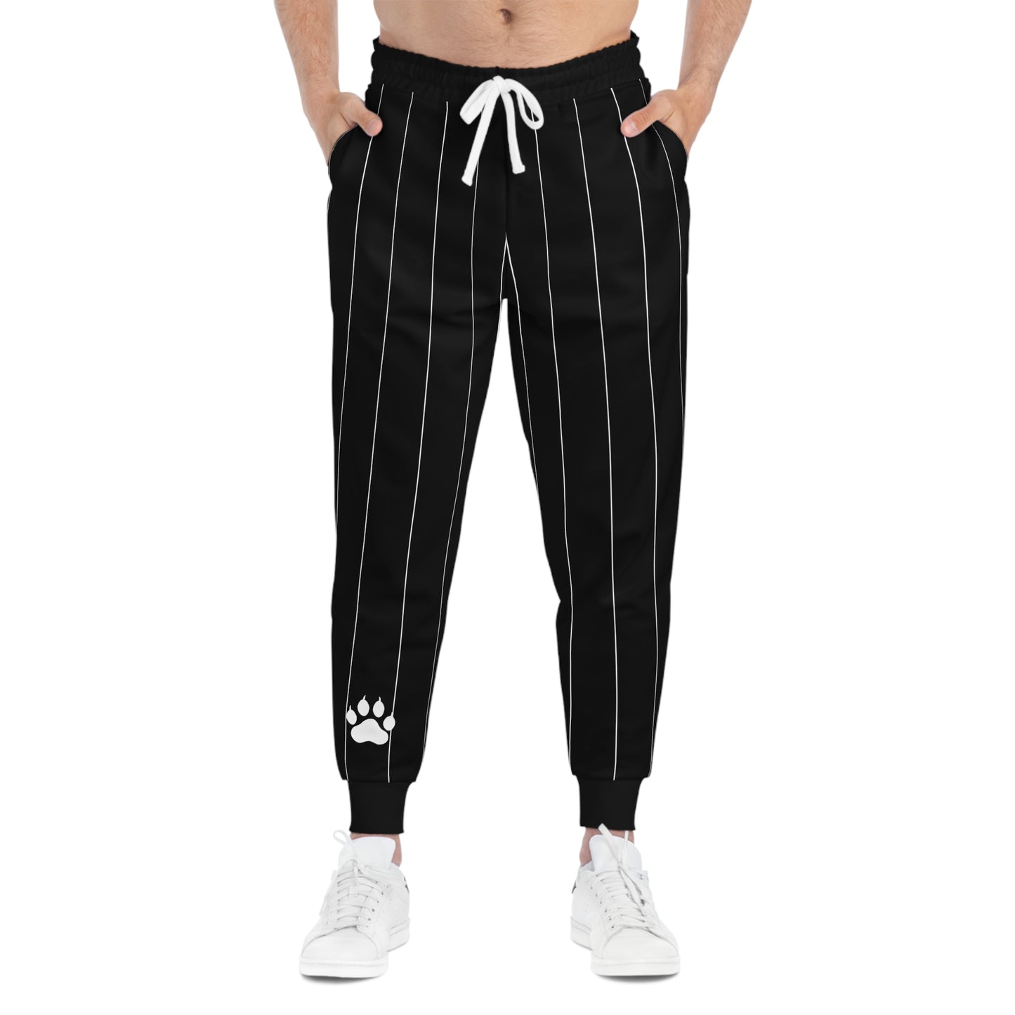 Black Pinstriped Baseball Pants with Paw Print