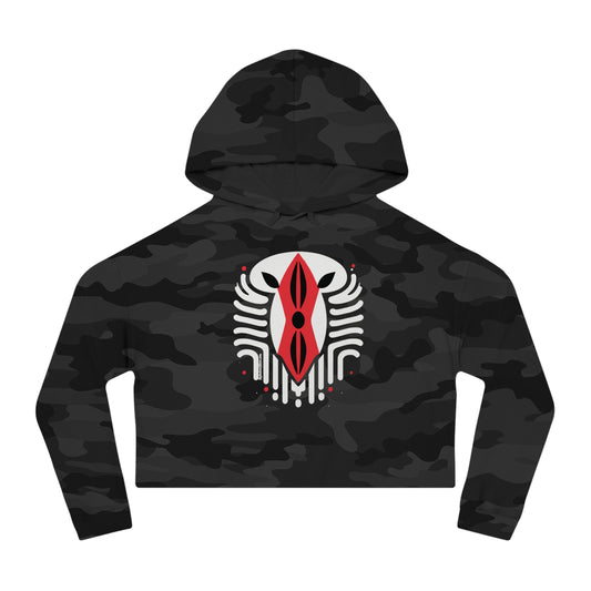Kenyan Abstract Shield Women’s Cropped Hooded Sweatshirt white on dark