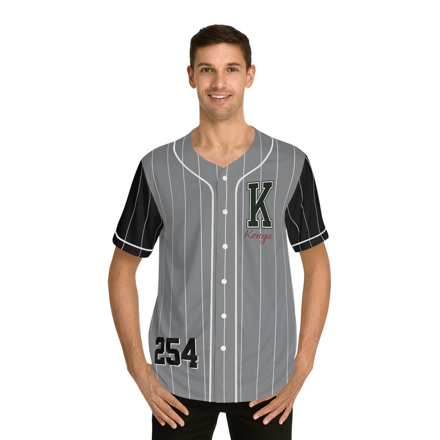 Gray Men's Baseball Jerseywith White Pinstripes and Blak Sleeves with Green "K" Kenya