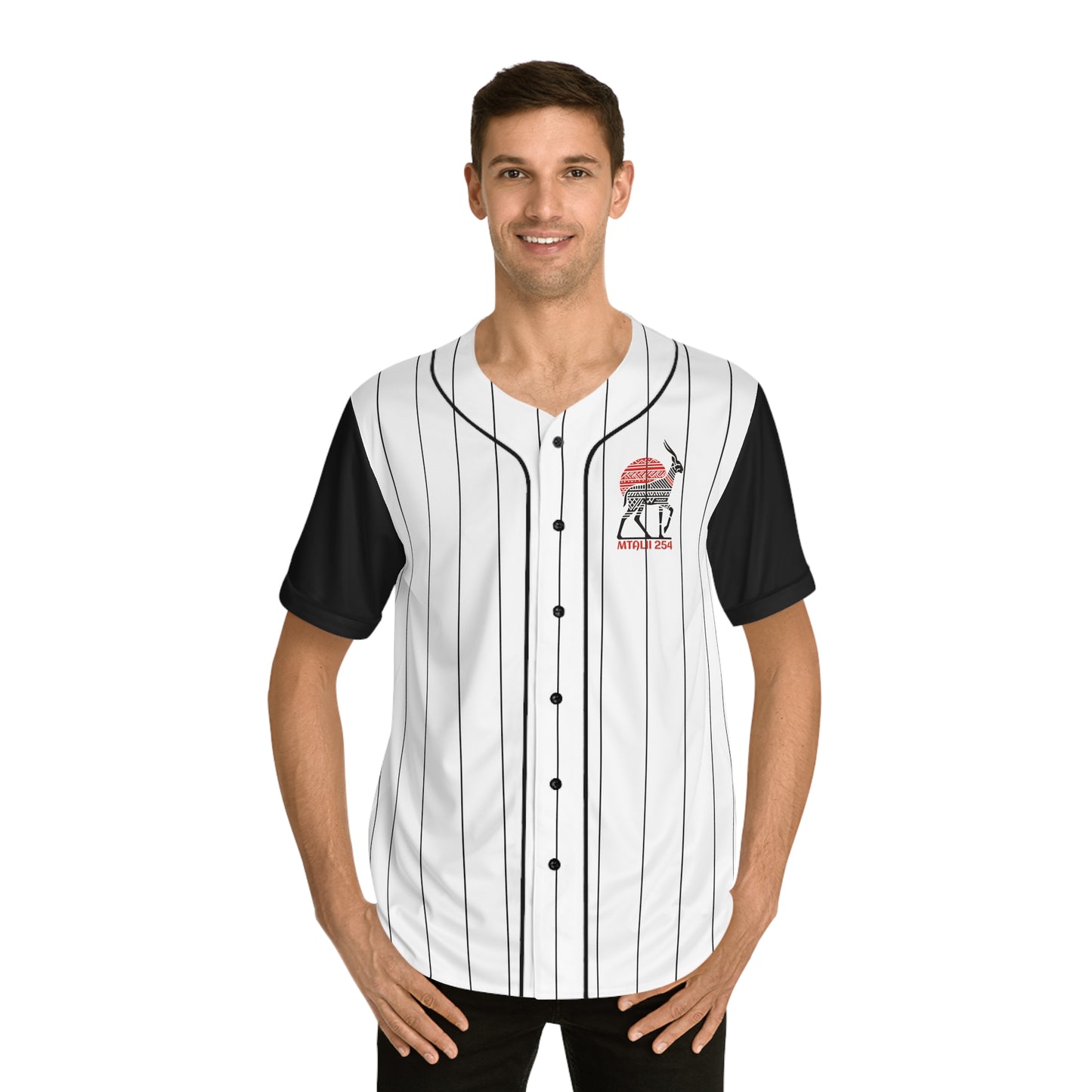 White Men's Baseball Jersey with Black Pinstripe and sleeves with Impala Matali Traveler 254