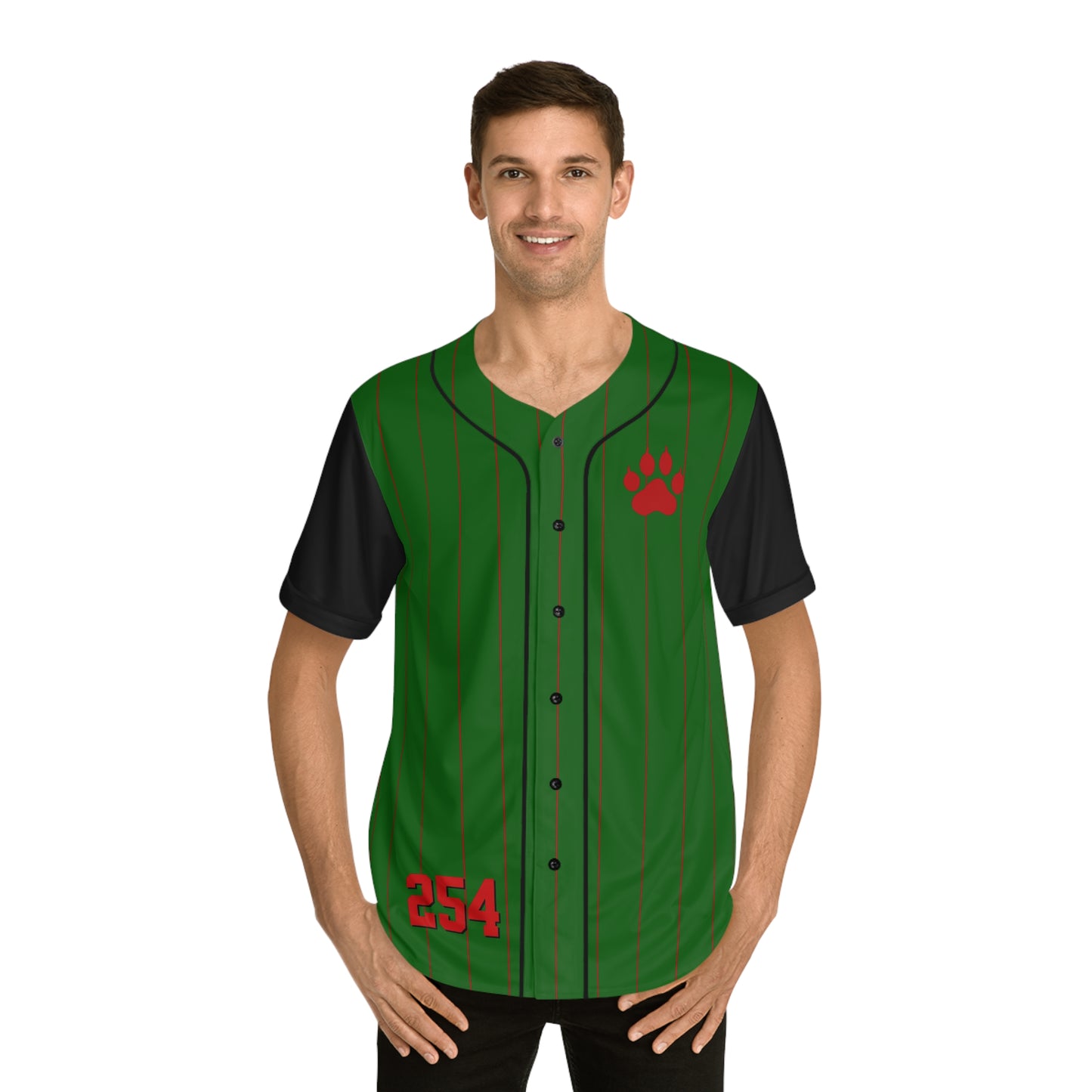 Green Men's Baseball Jersey with Black Pinstripes and Red Paw Print and "254" with White "K" Nairobi on the Back