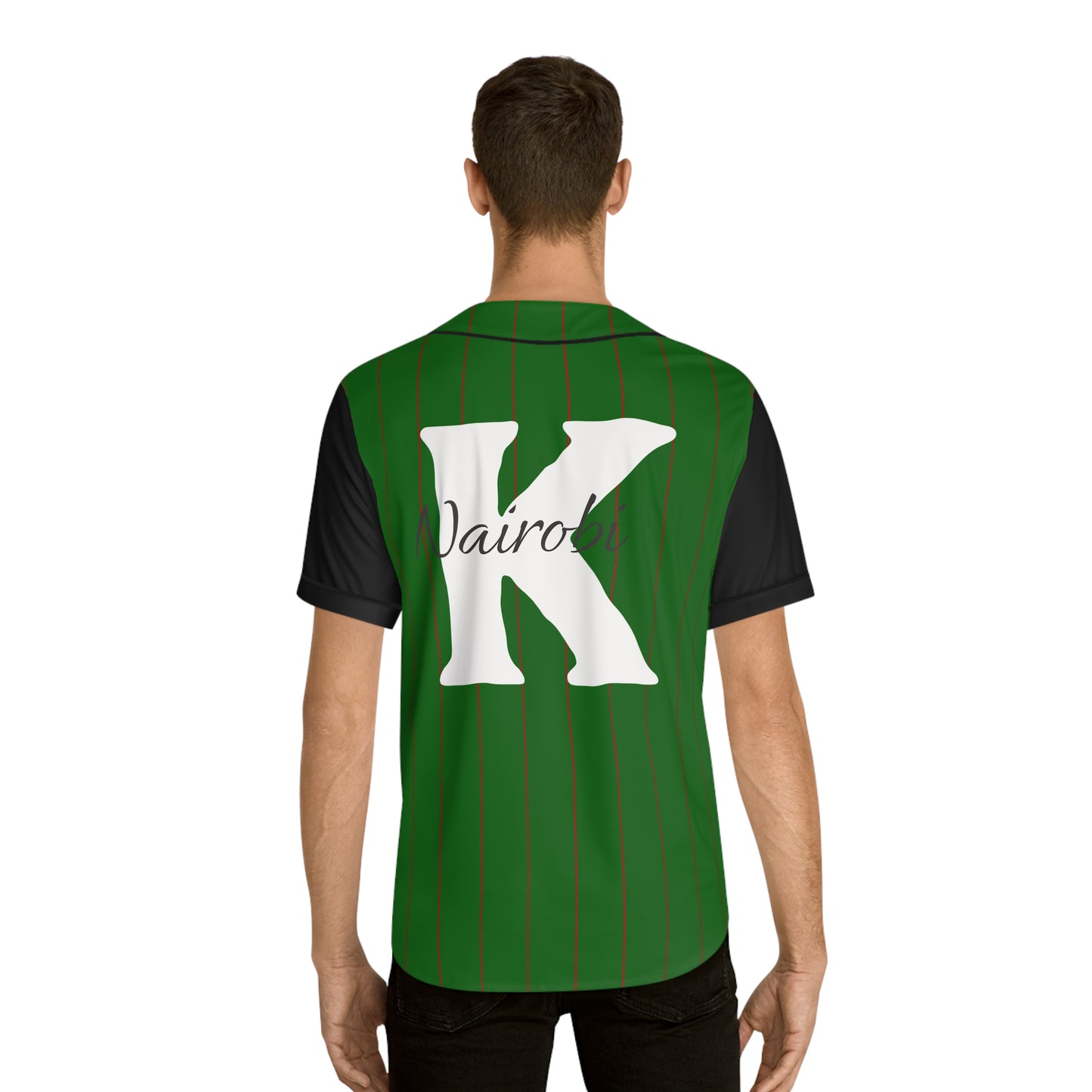 Green Men's Baseball Jersey with Black Pinstripes and Red Paw Print and "254" with White "K" Nairobi on the Back