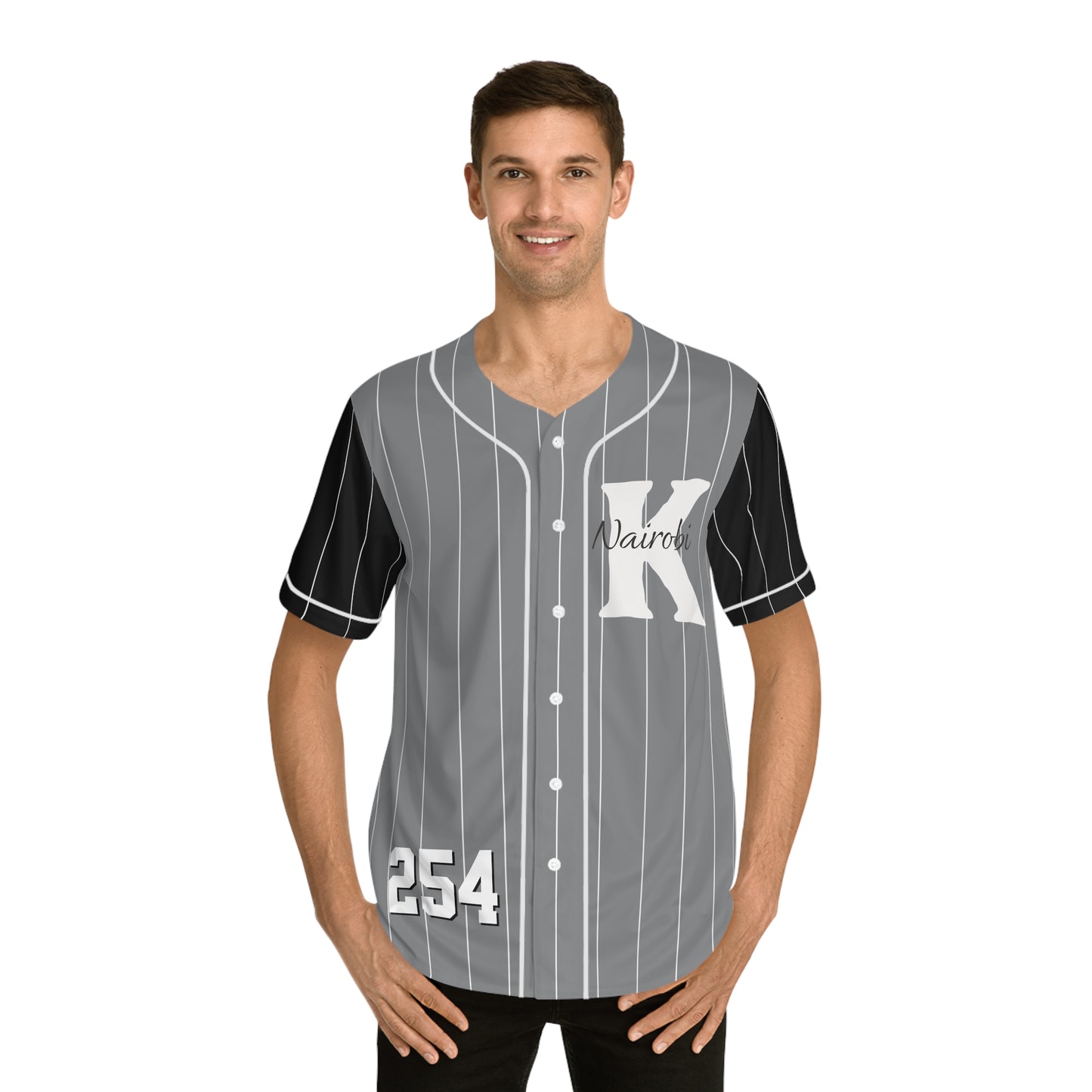 Gray Men's Baseball Jersey with White Pinstripe and Black Sleeve and White "K" Nairobi