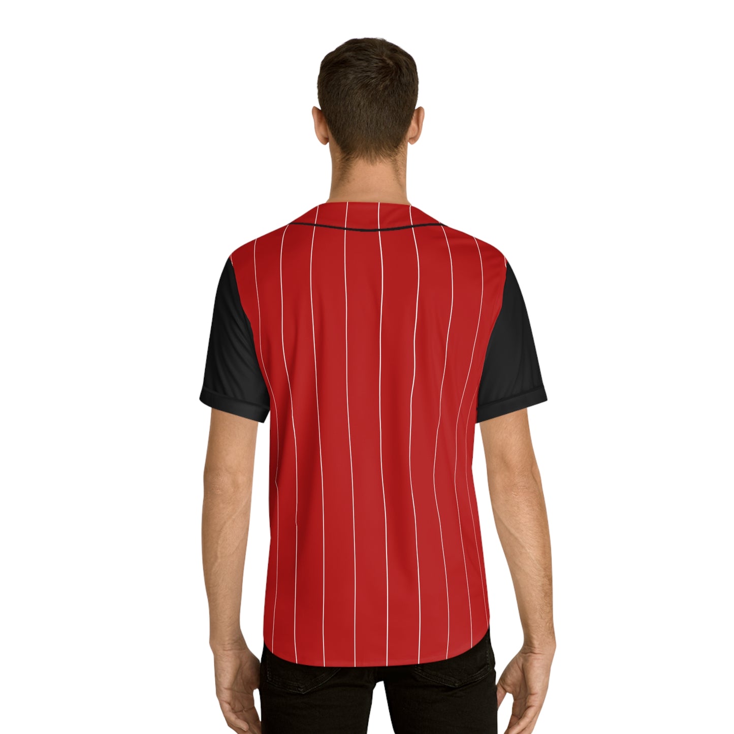 Red Baseball Jersey with White Pinstripe and Black Sleeves with Graphic Kenyan Shield