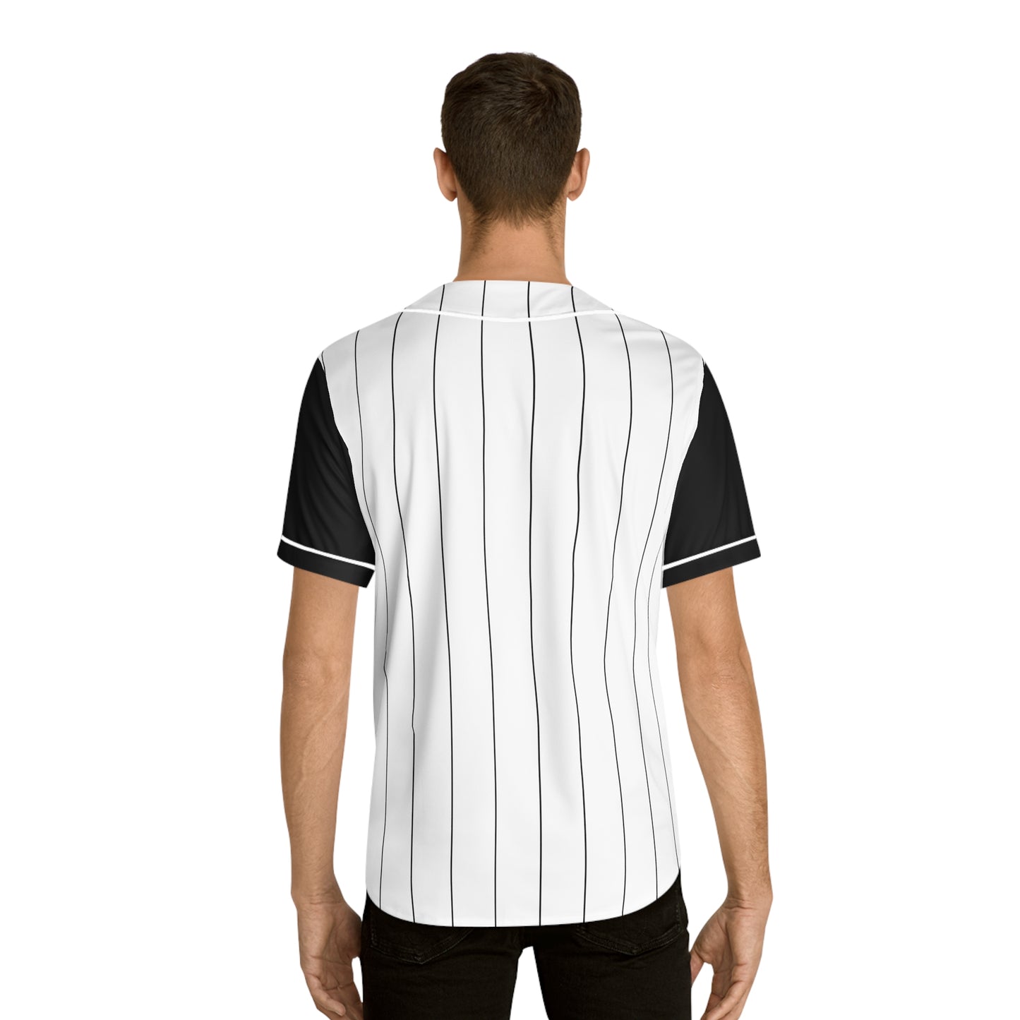 White Men's Baseball Jersey with Black Pinstripes and sleeves with Playful Elephant Logo