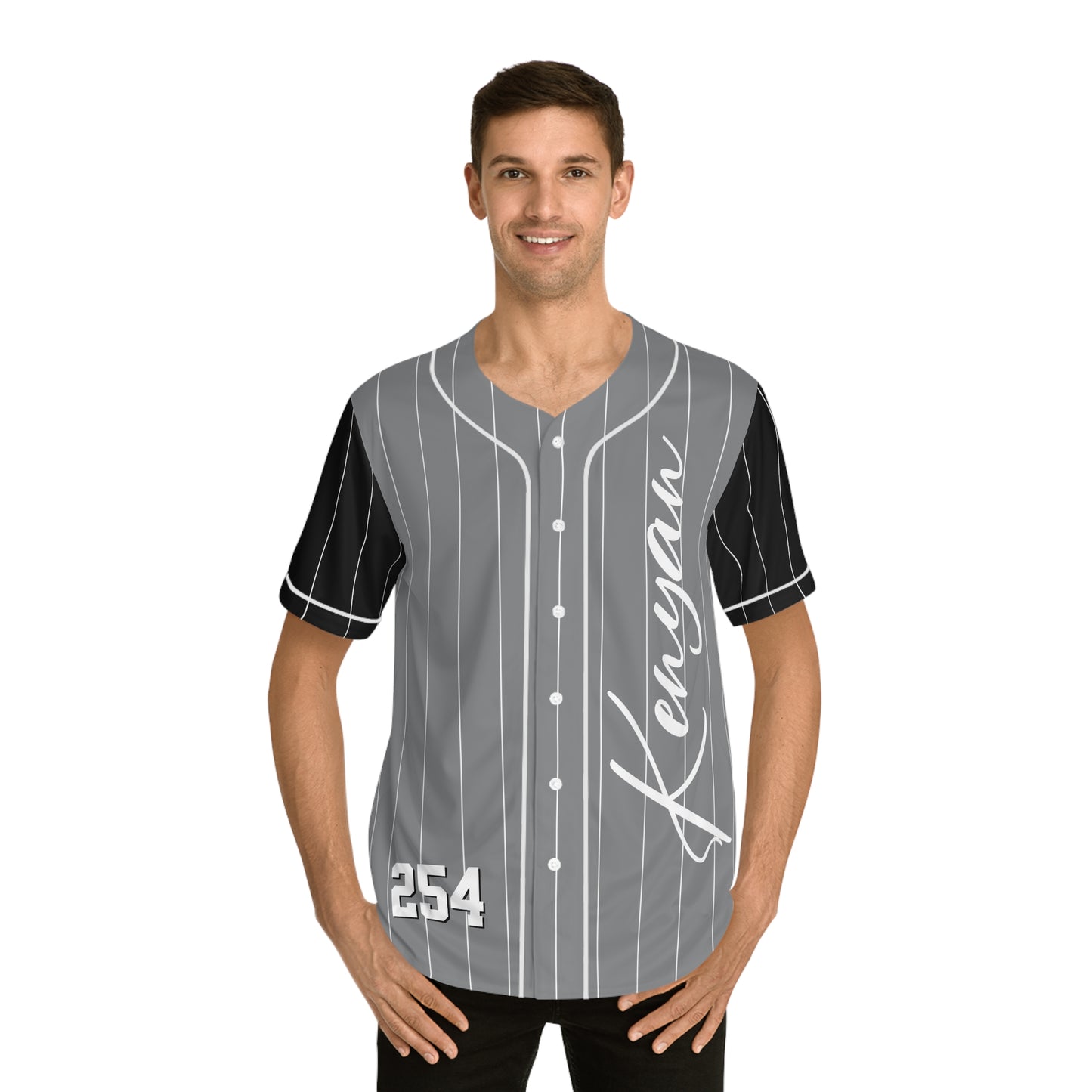 Gray Men's Baseball Jersey with White Pinstripes and Black Sleeves with "Kenyan" and "254"