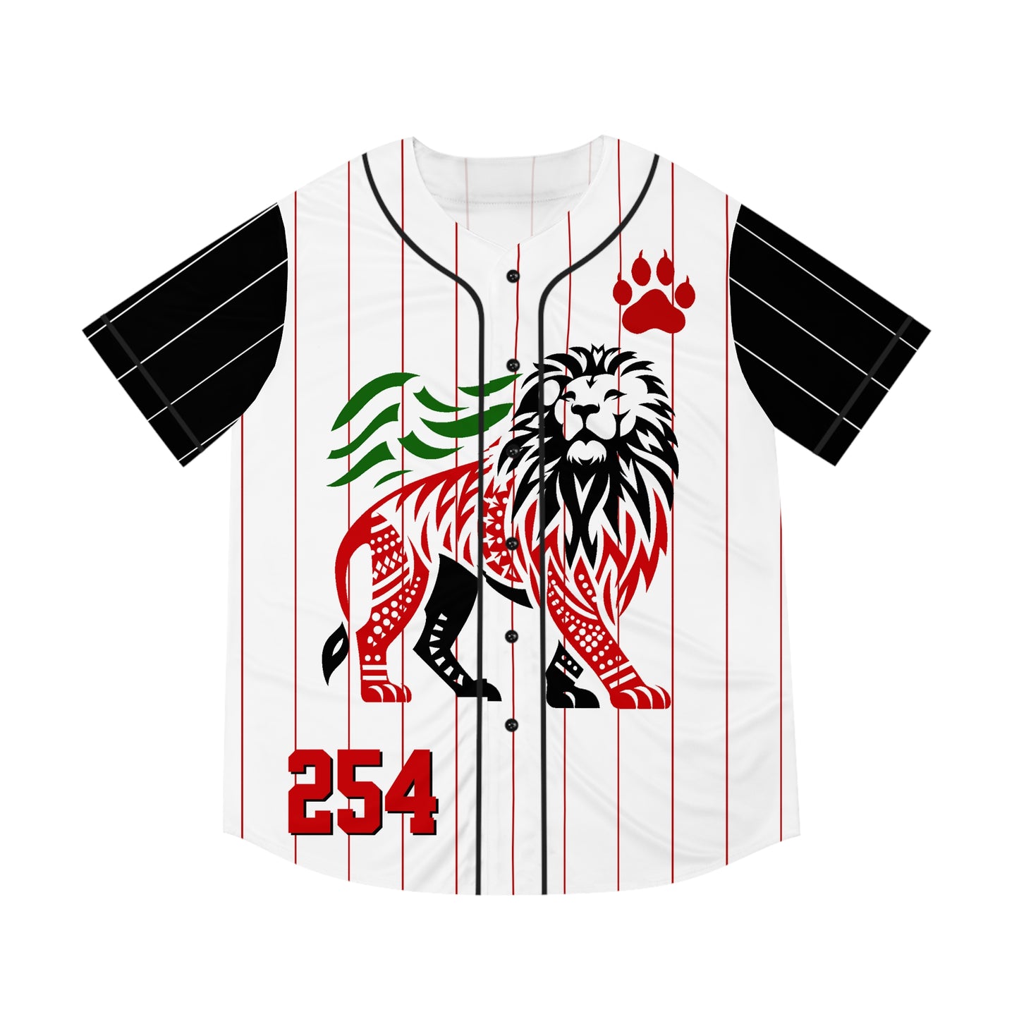 White Men's Baseball Jersey with Red Pinstripe and Blak Sleeves with Red Paw Print and "254" with the Nairobi Lion