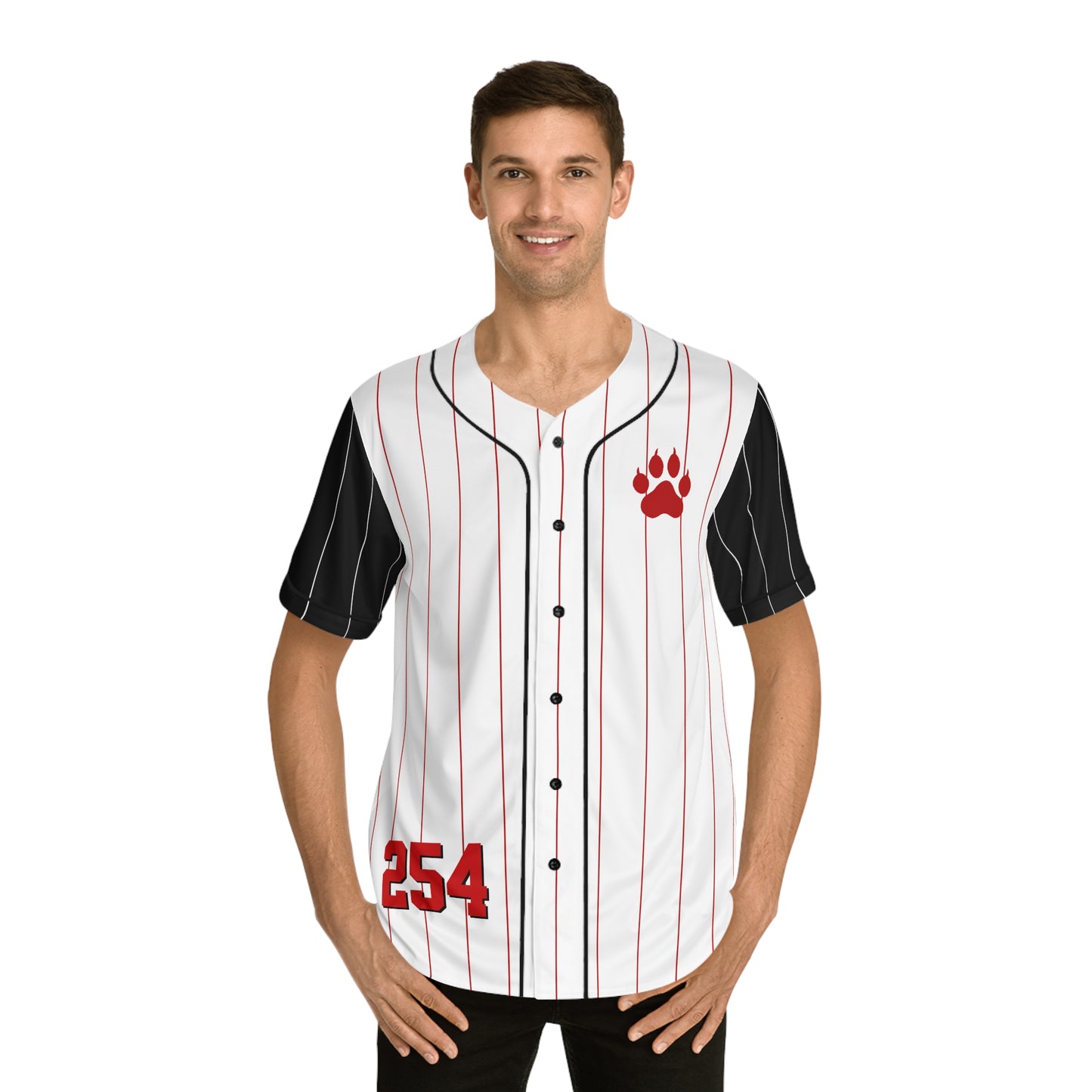 White Men's Baseball Jersey with Red Pinstripes and Black Sleeves with Red Paw Print and "254"