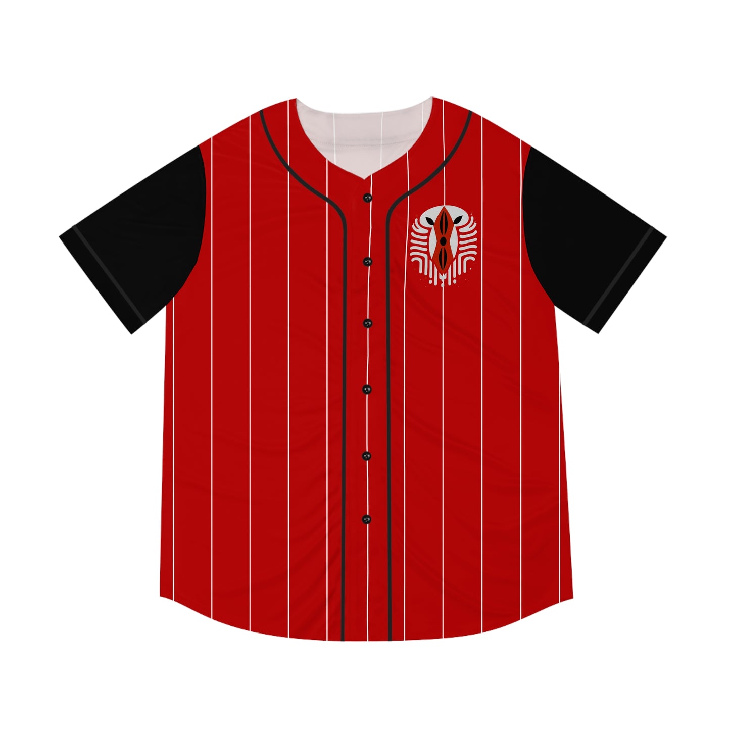 Red Baseball Jersey with White Pinstripe and Black Sleeves with Graphic Kenyan Shield