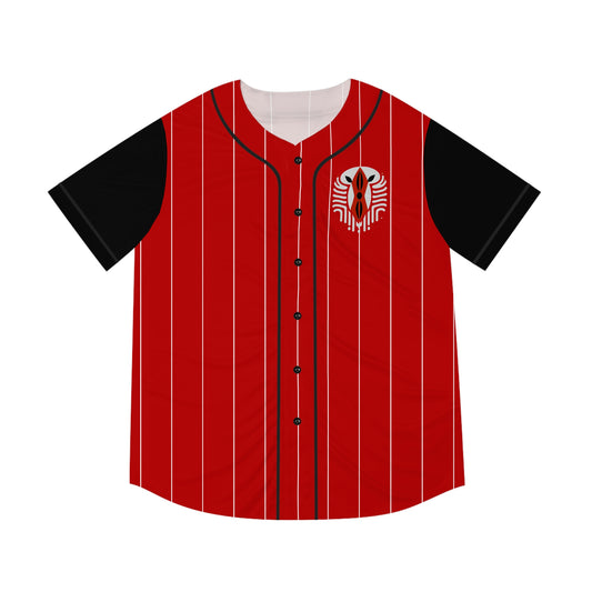 Red Baseball Jersey with White Pinstripe and Black Sleeves with Graphic Kenyan Shield