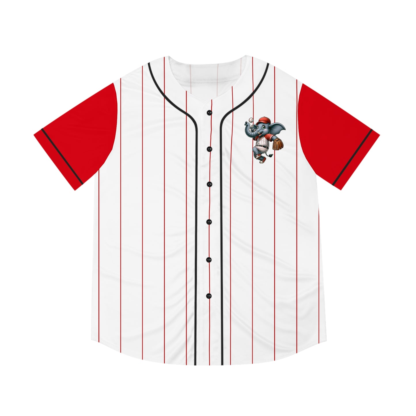 White Men's Baseball Jersey with Red Pinstripes and Red Sleeves with Playful Elephant Logo