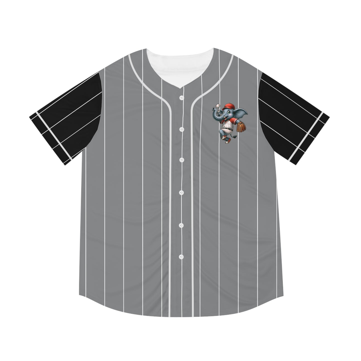 Gray Men's Baseball Jersey with White Pinstripes and Black Sleeve with Playful Elephant Logo