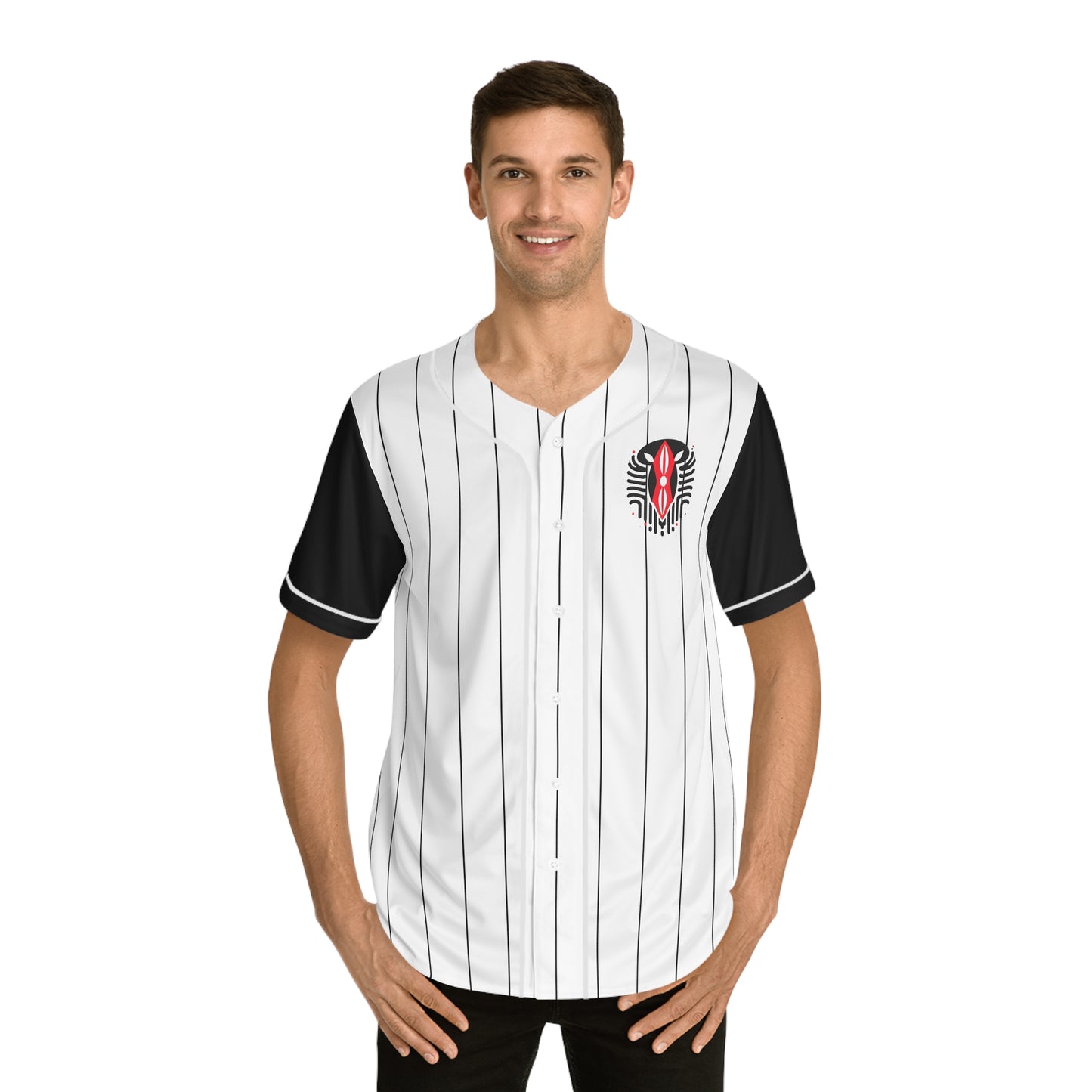 Kenyan Shield Pinstripe Baseball Jersey — Men's with Kenyan shield graphic