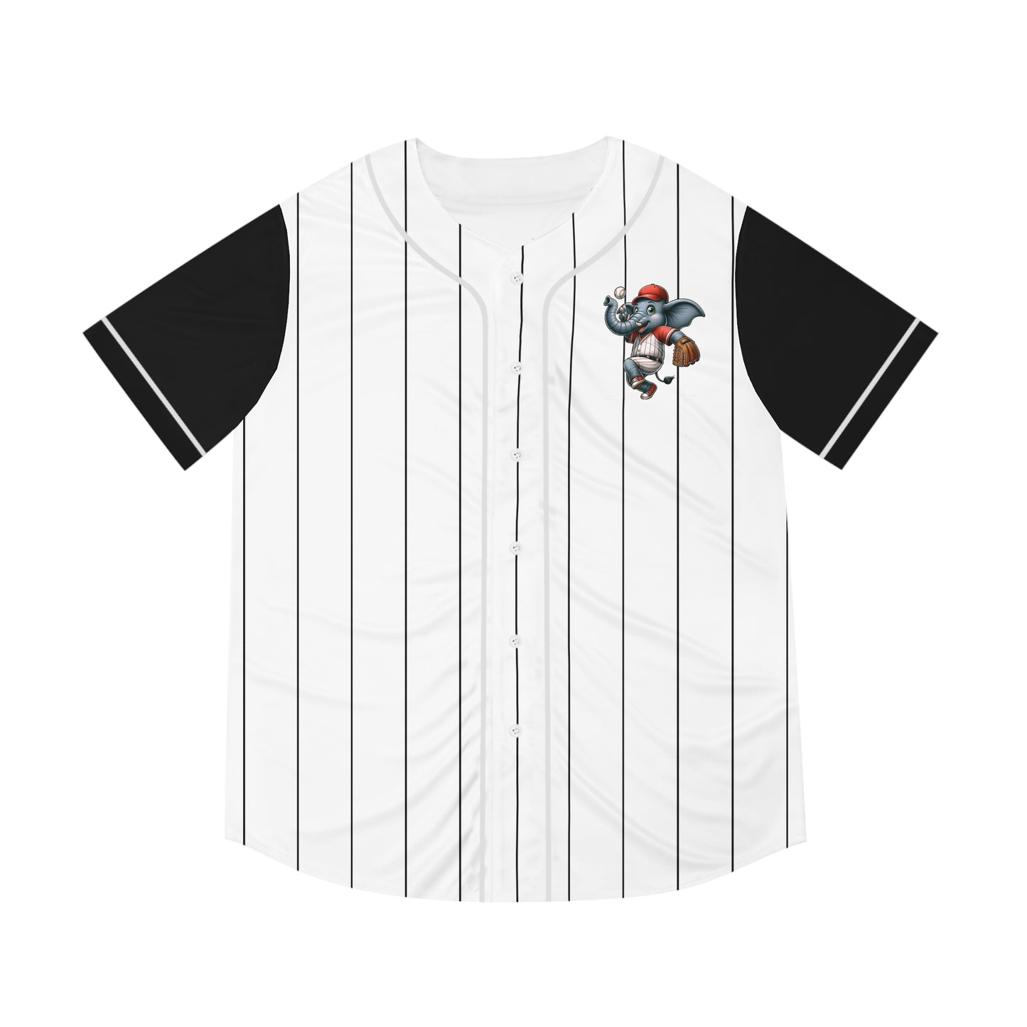 White Men's Baseball Jersey with Black Pinstripes and sleeves with Playful Elephant Logo