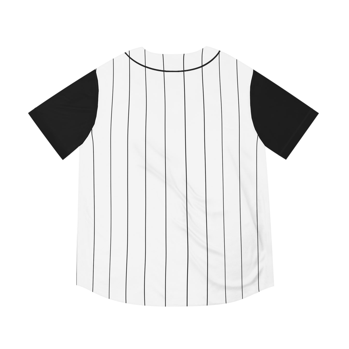 White Men's Baseball Jersey with Black Pinstripes and sleeves with Playful Elephant Logo