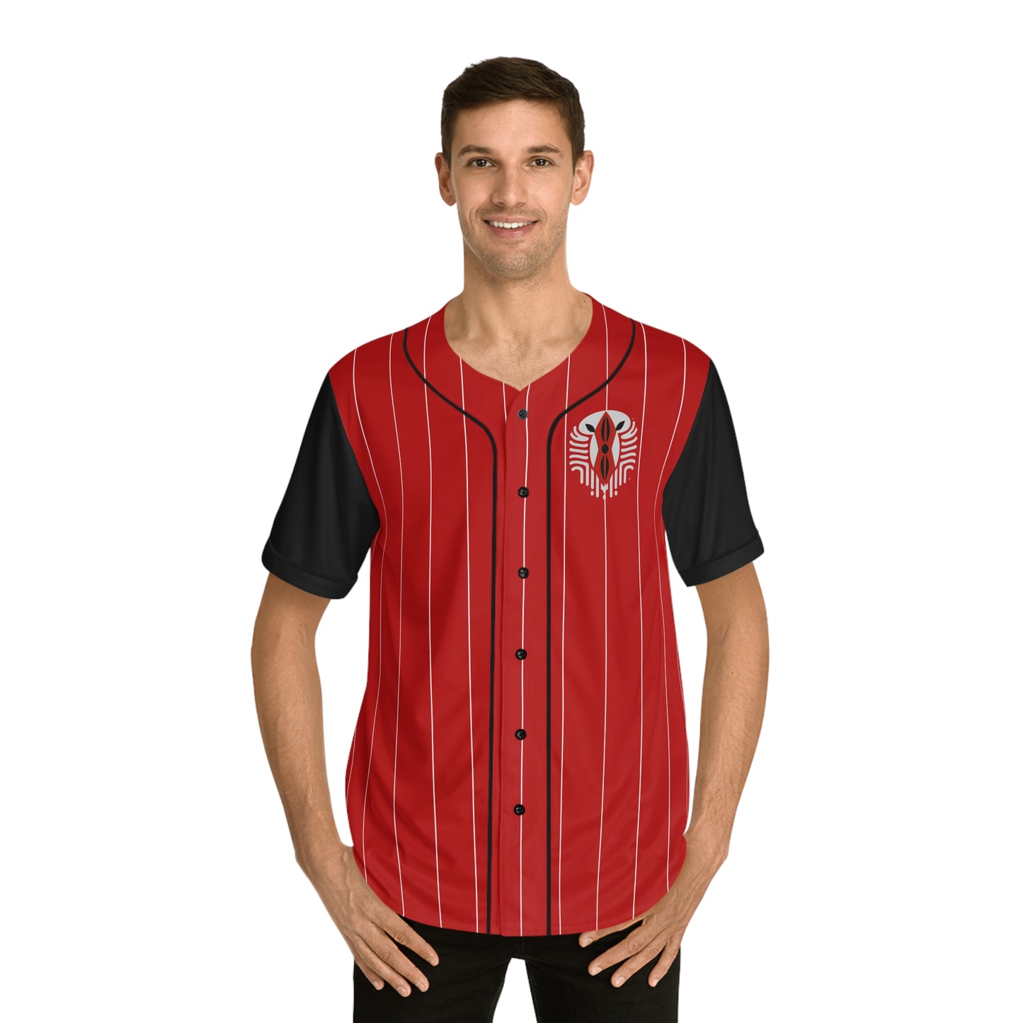 Red Baseball Jersey with White Pinstripe and Black Sleeves with Graphic Kenyan Shield