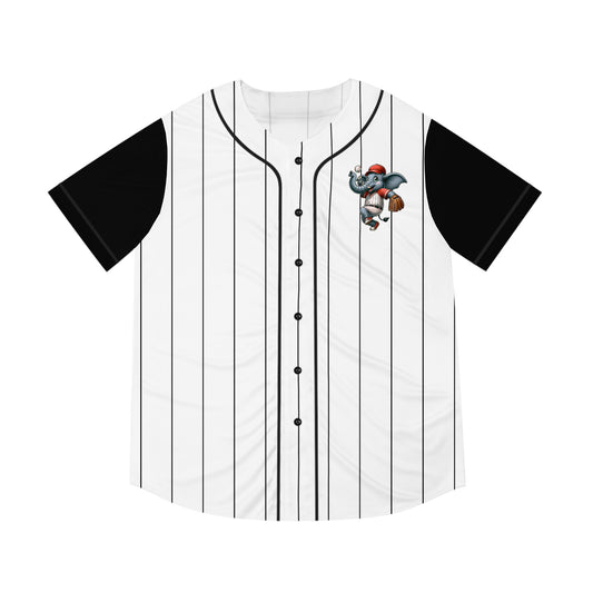 White Men's Baseball Jersey with Black Pinstripes and sleeves with Playful Elephant Logo