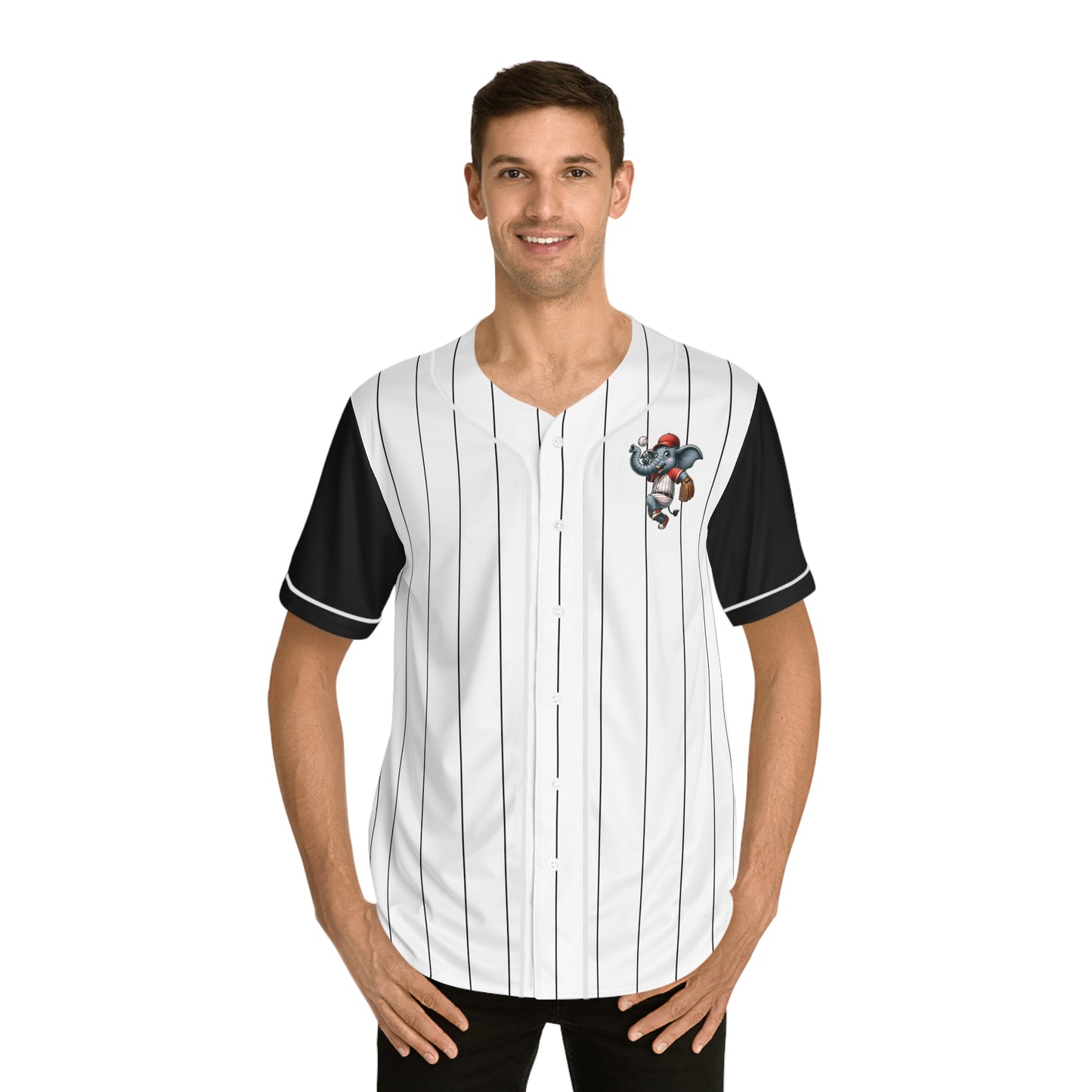 White Men's Baseball Jersey with Black Pinstripes and sleeves with Playful Elephant Logo
