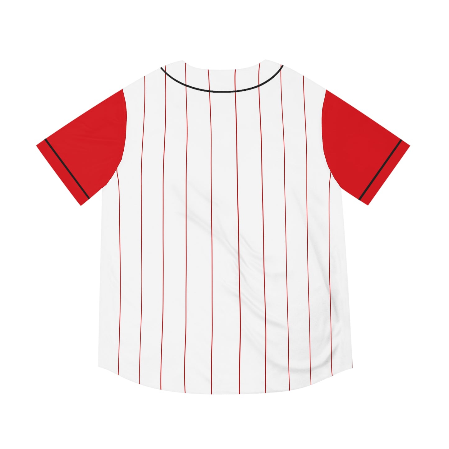 White Men's Baseball Jersey with Red Pinstripes and Red Sleeves with Playful Elephant Logo