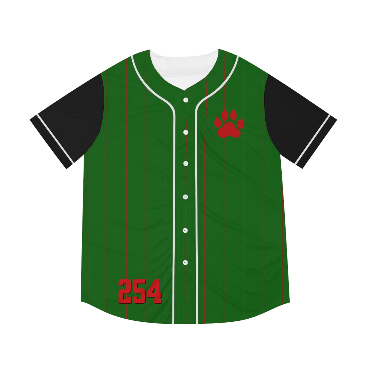 Green Men's Baseball Jersey with Black Pinstripes and Red Paw Print and "254" with White "K" Nairobi on the Back