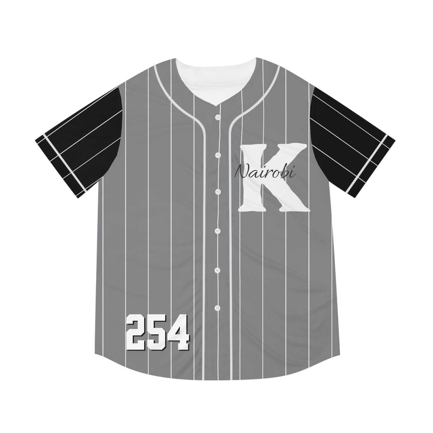 Gray Men's Baseball Jersey with White Pinstripe and Black Sleeve and White "K" Nairobi